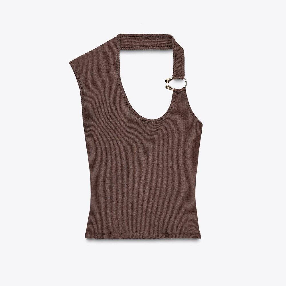 NWT Small Zara Rib Top Metal Detail Brown Asymmetric Sleeveless Tank - Picture 4 of 7